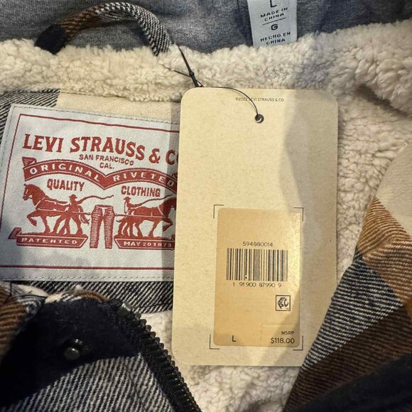 Levi's Plaid Sherpa Lined Hoodie Jacket Insulated $148 Levis - Picture 10 of 14
